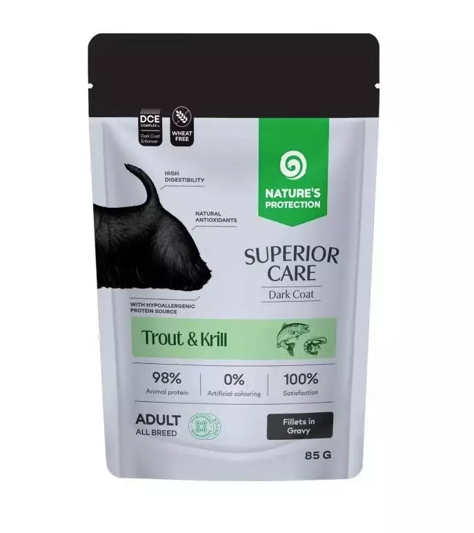 Superior Care DARK COAT Adult All Breed taimen & krilli koiran märkäruoka 85 g - Nature's Protection - 5782 - 1