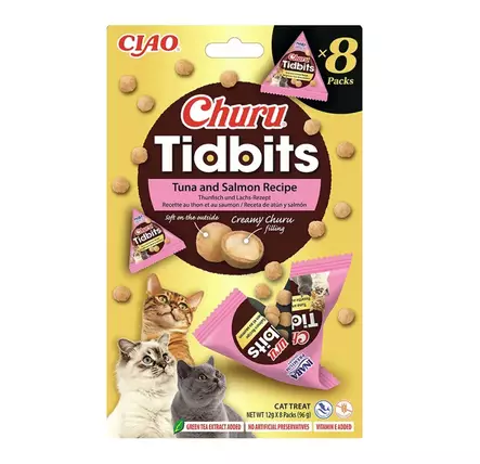 Churu Cat Tidbits Tuna/salmon kissan makupalat kanalla, tonnikalalla & lohella 8 x 12 g - Makupalat ja herkut - 5633 - 1