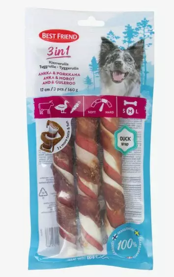Best Friend 3 in 1 kierrerulla ankka & porkkana 17 cm 3 kpl 160 g - Nahkaluut - 2854 - 1
