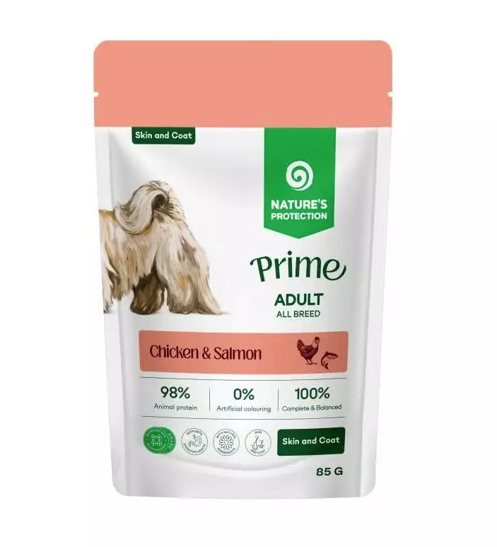 Superior Care Prime Adult All Breed Skin & Coat kana & lohi koiran märkäruoka 85 g - Nature's Protection - 5776 - 1