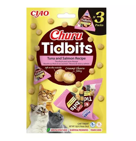 Churu Cat Tidbits Tuna/salmon kissan makupalat kanalla, tonnikalalla & lohella 3 x 12 g - Makupalat ja herkut - 5637 - 1
