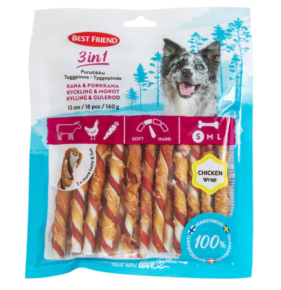 Best Friend 3 in 1 purutikku kana & porkkana 18 kpl 160 g - Nahkaluut - 4277 - 1