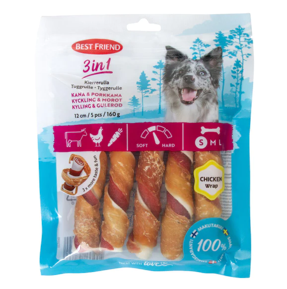Best Friend 3 in 1 kierrerulla kana & porkkana 5 kpl 160 g - Nahkaluut - 4278 - 1