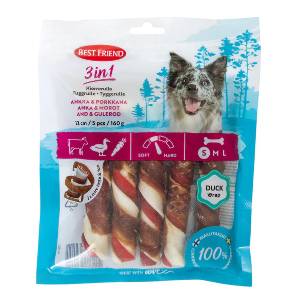 Best Friend 3 in 1 kierrerulla ankka & porkkana 5 kpl 160 g - Nahkaluut - 4279 - 1